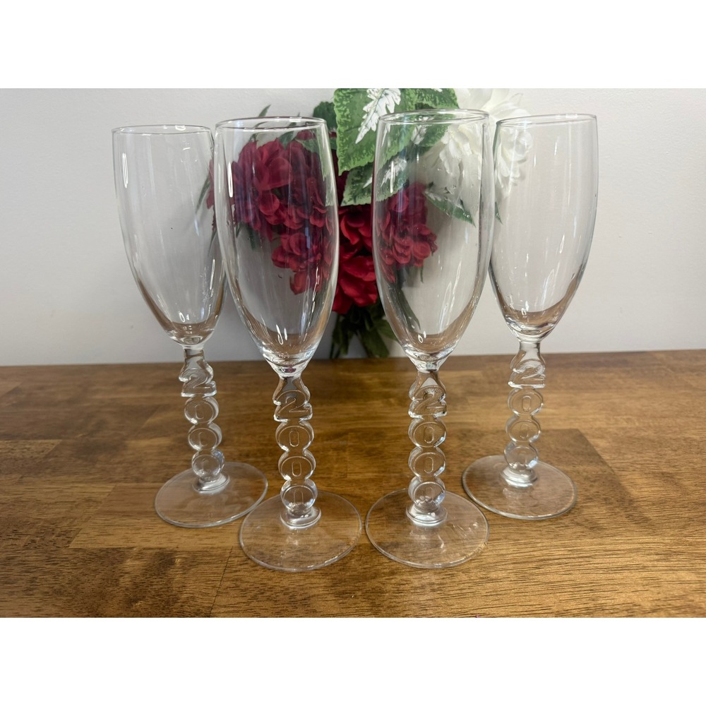 Vintage 2000 Millennium‎ Champagne Flutes Clear Glass Twisted Stem Set of 4